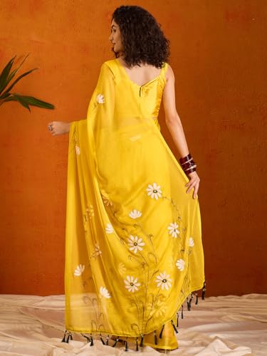 Image of SAREE MALL Women's Chiffon Daisy Floral hand paint Tassel Pallu Lightweight Summer Saree