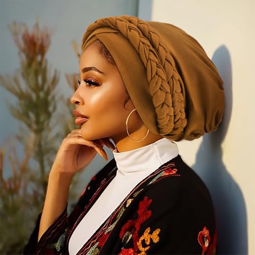 Image of DRESHOW African Women Turban Caps Cotton Beanie Twist Headscarf Pre-Tied Double Twisted Braids Wrap Hat Chemo Cancer Cap