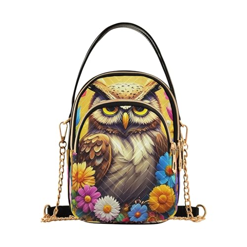 Owl Yellow Floral Women Shoulder Handbag Cute Animal Chain Strap Wallet Phone Purse Quilted Zipper Ladies Clutch Satchel