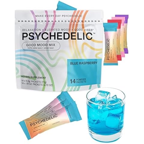 Good Mood Mix - Blue Raspberry - Powder Packets - Calming Kava Drink Mix - Easy Open Single-Serving - Flavored Kava Powder - Mucuna Pruriens - Stevia - Non Alcoholic Adaptogen Mocktails - 14 Stick Cover
