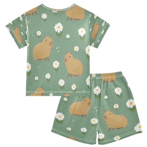 Capybara Daisy Pattern Kids Pjs Set Boys Girls Summer Short-Sleeve Sleepwear Pajamas 2PCS2