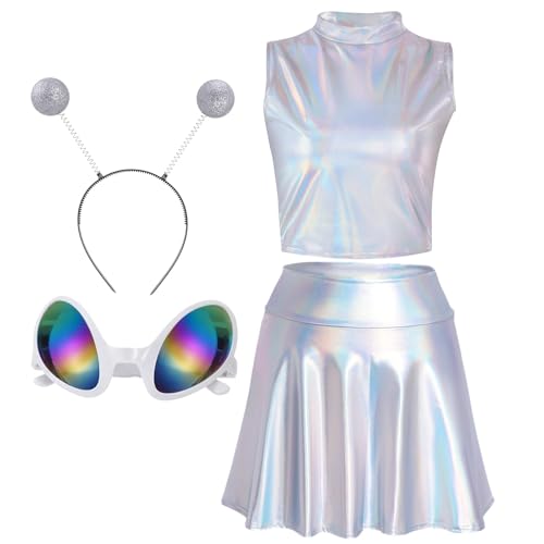Silver Metallic Alien Costume Set for Women - Sleeveless Tank Top Pleated Skirt Antenna Headband & Alien Glasses - Halloween Party Outfit Sci-Fi Space Costume