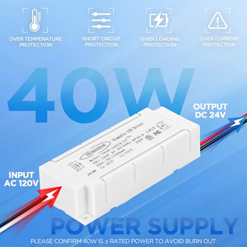 Image of LED Driver 40W, Dimmable 120V AC to 24V DC Electronic Transformer, 24V 1.7A LED Power Supply Waterproof, Compatible with Most Dimmers for Low Voltage Lighting Project