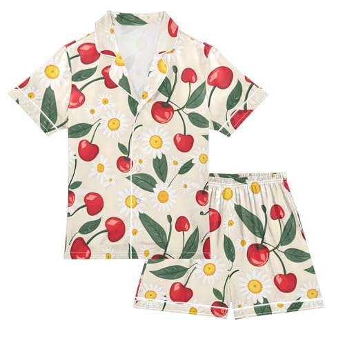 ALAZA Summer Daisy Cherry Fruit Satin Pajamas Set Short Sleeve Button Down Sleepwear Summer Pjs 2 Piece