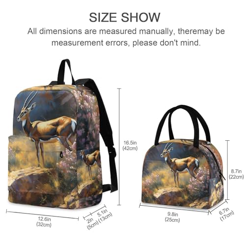Backpack Lunch Box Set Large Capacity Travel Backpacks and Insulated Lunch Bag for Commute Hiking Picnic Gazelle Bush Print2