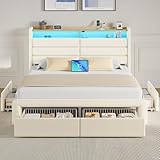 Seventable Full Bed Frame with Storage Drawers & Charging Station, Upholstered Platform Bed with LED Light and Storage Headboard, No Box Spring Needed, Noise Free, Easy Assembly, Biege
