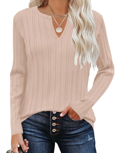 Rapbin Womens Sweaters V Neck Long Sleeve Ribbed Knit Stretchy Fit Pullover Sweater Dressy Casual Fall Tops 2025 S-XL