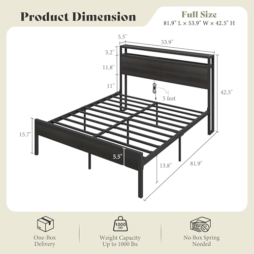 Image of AMERLIFE Full Size Bed Frame with Storage Headboard & Charging Station, Industrial Metal Platform Bed with Large Under-Bed Storage, Heavy Duty Slats, No Box Spring Needed, Black