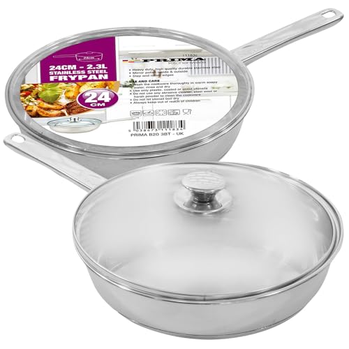 BARGAINS-GALORE 24Cm Frypan with Glass Lid - Durable Stainless Steel Construction, Kitchen, Cooking, Frying Pan, Handle | Versatile, Ideal for Home, Kitchen, Restaraunts, Takeaways