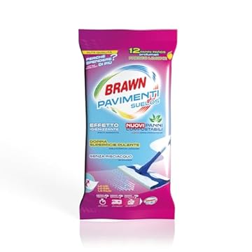 Brawn Pavimenti, Panni Lavapavimenti Effetto Igienizzante, con oli Essenziali di Eucalipto e Vaniglia, Doppia Superficie Pulente Senza Risciacquo, Confezione da 12 panni