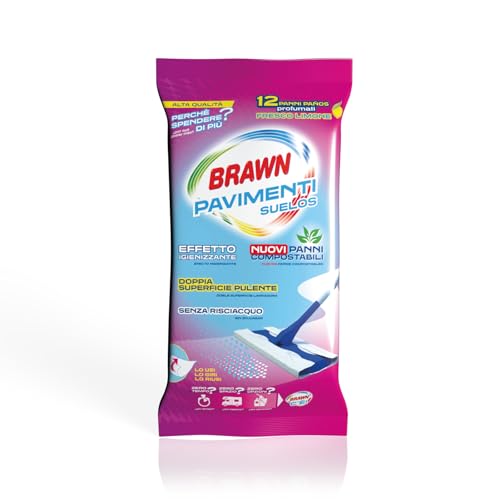 Immagine prodotto: Brawn Pavimenti, Panni Lavapavimenti Effetto Igienizzante, con oli Essenziali di Eucalipto e Vaniglia, Doppia Superficie Pulente Senza Risciacquo, Confezione da 12 panni