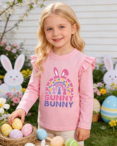 Image of Tkria Toddler Girls Happy Easter T-Shirt Bunny Eggs Ruffle Long Sleeve Shirt Kids Tee Top 2-7T