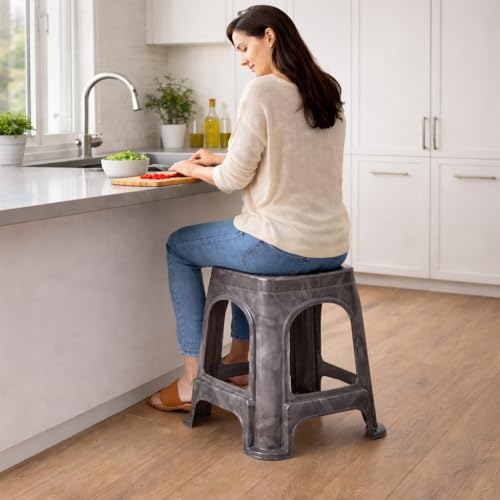 Image of PulGos Pack of 1 Grey Plastic Sitting Stool for Home, Office & Outdoor Use | Compact, Lightweight & Durable Stool for Adults & Kids | Use as Footrest, Side Table, Extra Seating for Living Room
