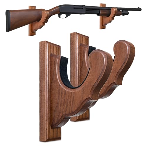 TESLYAR Rifle Wall Mount - Figured Gun Hooks for Rifles and Shotguns, Wooden Gun Rack, Real Hardwood Holder, Set of 2, Brown Finish, Rifle Wall Mount Display
