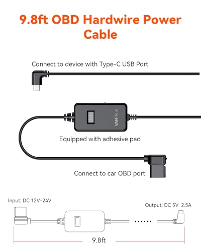 Image of VANTRUE 10ft Type C USB LED Screen OBD Hardwire Power Cable, 3 Gear Shifting, Low Voltage Protection for Parking Mode, for E1 Pro,N4 Pro,N5,N4,S1 Pro,N2 Pro,N2X, E360 /ACE, E1,E1 Lite,E2,E3 Dash Cam