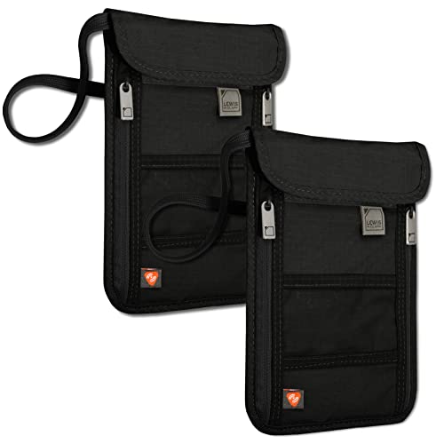 Lewis N. Clark RFID Blocking Stash Neck Wallet, Travel Pouch + Passport Holder for Women & Men, Black/Black, 2 Pack