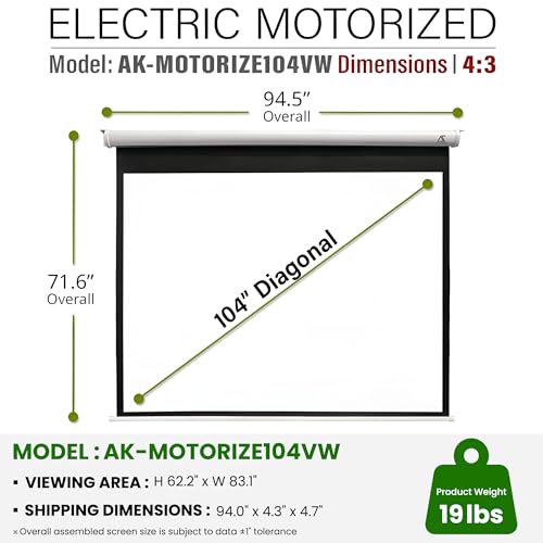 Image of Akia Screens 104 inch Motorized Projector Screen 4:3 - Electric Drop Down with Remote, 8K /4K HD & 3D Ready, Ceiling or Wall Mount - AK-MOTORIZE104VW