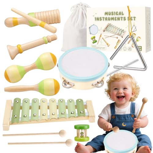 Image of Baby Musical Instruments Set Montessori Wooden Toy for Toddlers 3 Percussion Music Xylophone for Kids Preschool Learning Resource Christmas Birthday Gifts for Boys Girls Aged 3 4 5 (Green)
