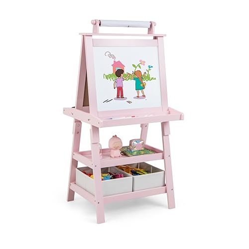 LIFEZEAL Lavagna per bambini 3 in 1, cavalletto per bambini con lavagna a due lati, lavagna con 2 ripiani, lavagna bianca, lavagna a gesso e rotolo di carta, lavagna con 2 scatole portaoggetti,