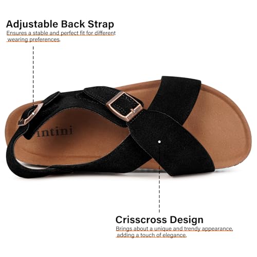 Intini Women's Cork Footbed Sandals with Arch Support Suede Leather Flat Slides Sandals Comfort Open Toe Slip On Shoes for Outdoor Summer Adjustable Buckle & Crisscross Band3