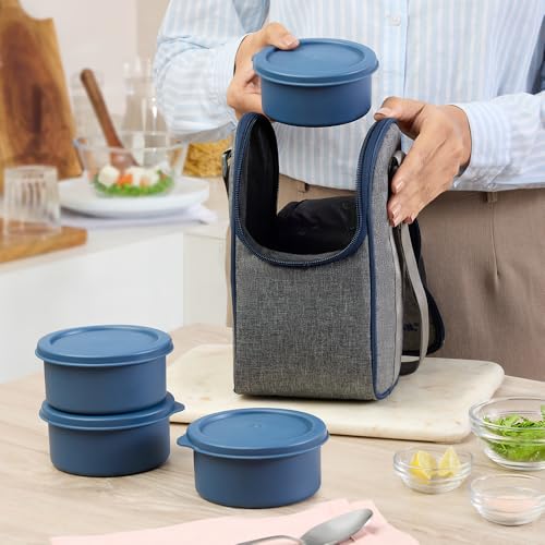 Image of Borosil Carrymore Microwavable Stainless Steel Lunchbox with Bag | 300ml x 4 pc Round Container Set | Tiffin with Food Grade Steel | Vertical | 1 Year Warranty