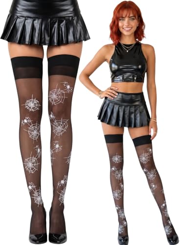 Image of ToBeInStyle Women's Spiderweb & Crawling Spider Print Hosiery Tights & Thigh High Stockings