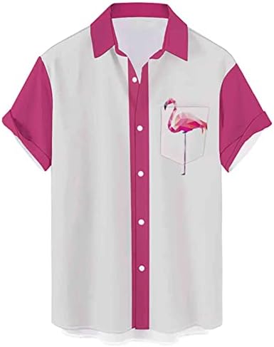 Hodaweisolp Men's Casual Short Sleeve Button Down Bowling Summer Loose Hawaiian Beach Shirts White Flamingo-L