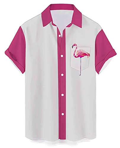 Hodaweisolp Men's Casual Short Sleeve Button Down Bowling Summer Loose Hawaiian Beach Shirts White Flamingo-L #TOP20