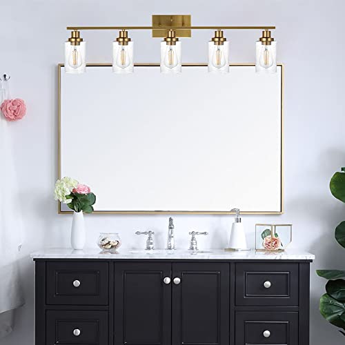 Melucee 5-Light Brushed Brass Vanity Lighting Fixtures Over Mirror With Bubbled Glass Shade, Modern Bathroom Vanity Light Industrial Wall Mount Lamp For Bath, Bedroom, Hallway #TOP1