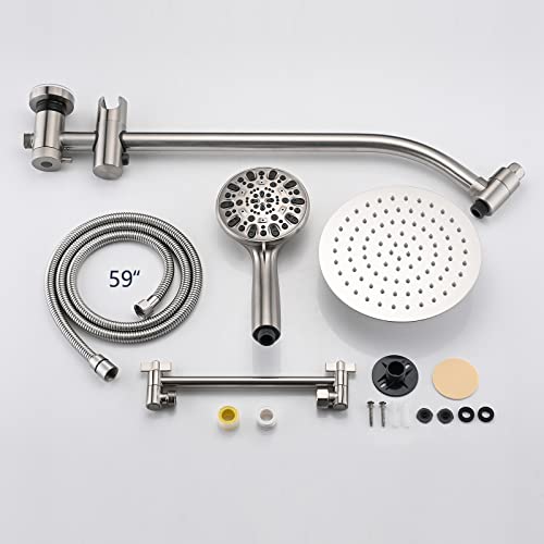 Uclimaa Rainfall 8 Inch Round Shower Head With High Pressure Handheld Spray Combo, Drill-Free Slide Bar With Adjustable Shower Extension Arm, 3-Way Diverter For Easy Reach, 5Ft Hose- Brushed Nickel #TOP7