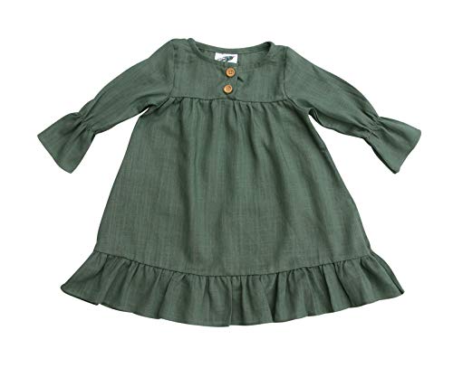 Rocket Bug Long Sleeve Pleated Baby, Toddler, and Girls Linen Cotton Dress (7, Sage)