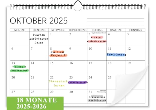 Wandkalender 2025 2026 - Moseem Kalender 2025 2026 im A4 Querformat(30 x 21 cm), Familienplaner Mit Jahreskalender Planung, Monatskalender vom Juli 2025 bis Dezember 2026