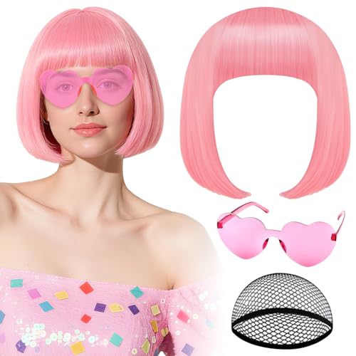 PLULON Bright Pink Bob Wig with Heart Sunglasses