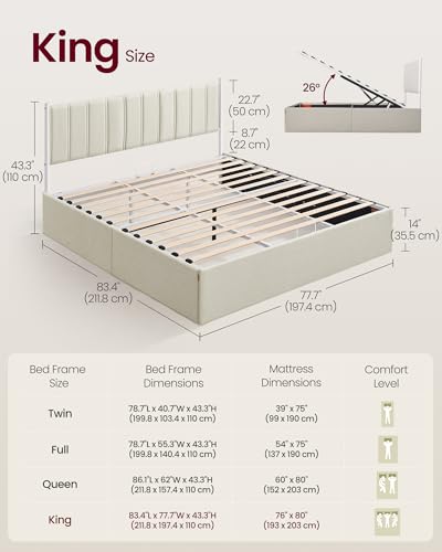 Image of VASAGLE Lift Up Storage Bed Frame, King Size, Upholstered Headboard