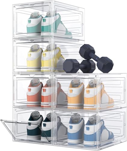 XVersion Shoe Box Shoe Storage Boxes Clear Plastic Stackable 6-pack front open shoe box Transparent shoe Organizer Containers with Lids for Women/Men34.5 x 27 x 18.5 cm(White 6pcs)