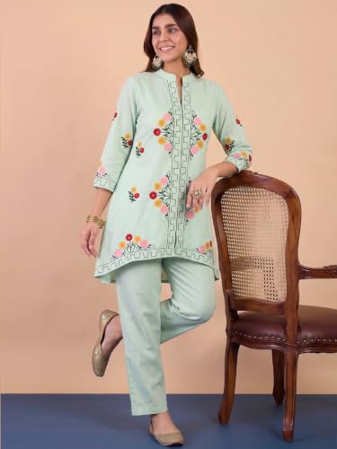Image of ANNI Designer Women Kurta Set | Cotton Embroidered A-Line Kurta with Pant Co-ord Set | 3 /4 Sleeve Mandarin Collar Kurti Set for Women | Daily Office Party Wedding Ethnic Suit
