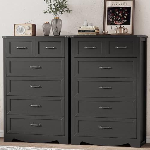 Image of Dresser for Bedroom with 6 Drawers, 49 inch Tall Wood Chest of Drawers with Deep Drawers & Mental Handle, Modern Dresser TV Stand, Wooden Closet Storage Organizer for Living Room, Hallway, Entryway, Black