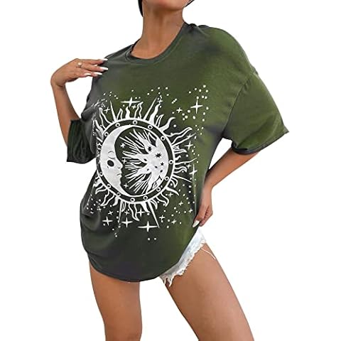 Womens Vintage Short Sleeve Top Moon Sun Print Cotton T-Shirt Casual Loose Comfy Basic Tee Blouse Cover