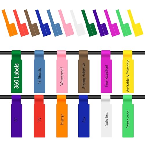 Cable Labels Tags,TuoYi 360pcs Cable Cord Labels for Cable Management Waterproof Cord Labels for Laser Printer and Handwriting,Marks Clearly,12 Colors