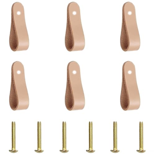 Zhenp 6 Pieza Cómodas Tiradores Cuero, con Tornillos, 2,44x0,94 Pulgadas, Tiradores de Cuero para Tocador, Agujero Único, Perillas de para Gabinetes, para Muebles