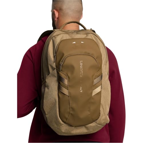 Image of Under Armour Unisex, Hustle 6.0 Pro Backpack (728) Coyote Brown Full Heather /Coyote /Metallic Gold One Size Fits Most