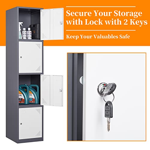 Image of Metal Locker with 4 Doors, 71'' Lockers for Employees Steel Storage Locker, Lockable Locker Cabinet for School, Gym, Home Office and Garage(Grey White) (Rectangular)