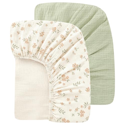 Image of Organic Baby Crib Sheets 52x28 Inches 2 Pack 100% Muslin Cotton Soft Boho Toddler Fitted Crib Bed Mattress Sheet for Baby Girls Fits Standard Size Crib Mattress 28x52 Inches Blossom & Grass Green