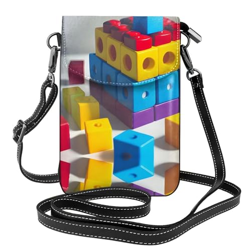 Cartera pequeña cruzada para teléfono con diseño de bloques de construcción coloridos, con tapa abatible, perfecta para ir de compras, viajes y uso diario.