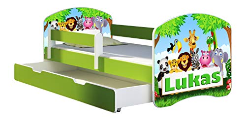 ACMA Kinderbett 140x70 Jugendbett mit Einer Schublade und Matratze, Farbe Grün, Rausfallschutz Lattenrost II Spielbett Kinderzimmer Möbel, 01 Zoo Name