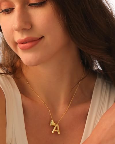 Heart Letter Necklace, 14k Gold Plated Initial Dainty Necklace for Women, Chunky Bubble Balloon Charm Pendant Name Personalized Jewelry Gift3