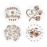 Ceriselle Tortenschablonen, 4 Stück Reusable Kuchenschablonen & Backwerkzeuge mit Happy Birthday, Love, Herzen & Blumen, Für Fondant und Buttercream Dekoration, Art Deco Design