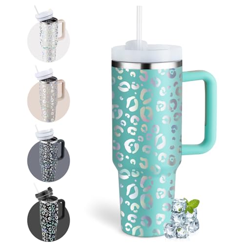 PIMDIR Upgraded 40 oz Leopard Tumbler With Handle And Straw Lid, Insulated Travel Mug Coffee Cup Stainless Steel Water Bottle, Gifts For Women Men, Car Cup Holder, Laser Mint Green