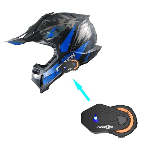 1Storm Adult Motocross Helmet ATV Dirt Bike BMX MX Downhill Mountain Helmet Track Style JH601; Track Blue + Motorcycle Bluetooth Headset