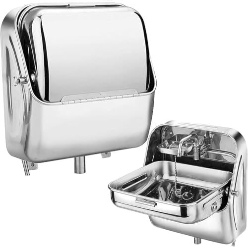 Compact Stainless Steel Wall-Mounted Folding Sink with Cold Water Faucet - Ideal Hand Wash Basin for RV, Camping, and Outdoor Use (37 x 39 x 37.5 cm)